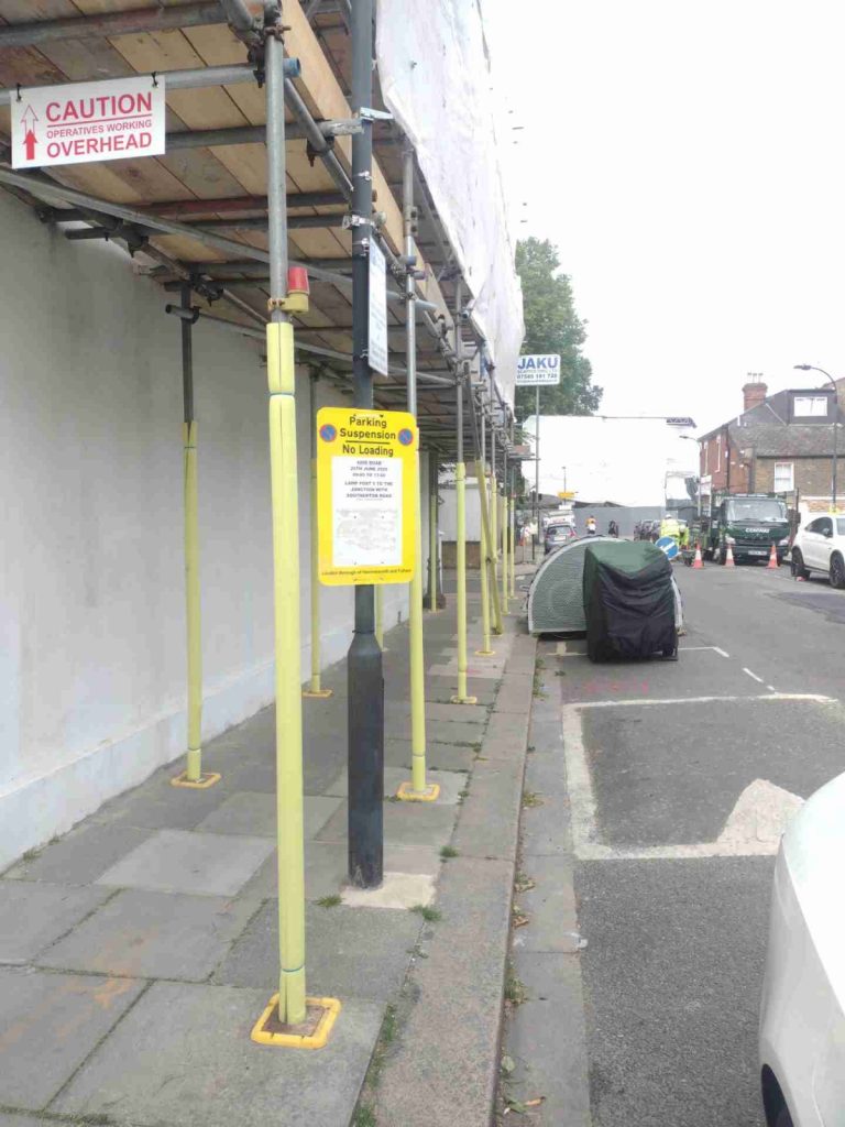 Scaffolding pavement lift erected on Southerton Road, Hammersmith, by Jaku Scaffolding