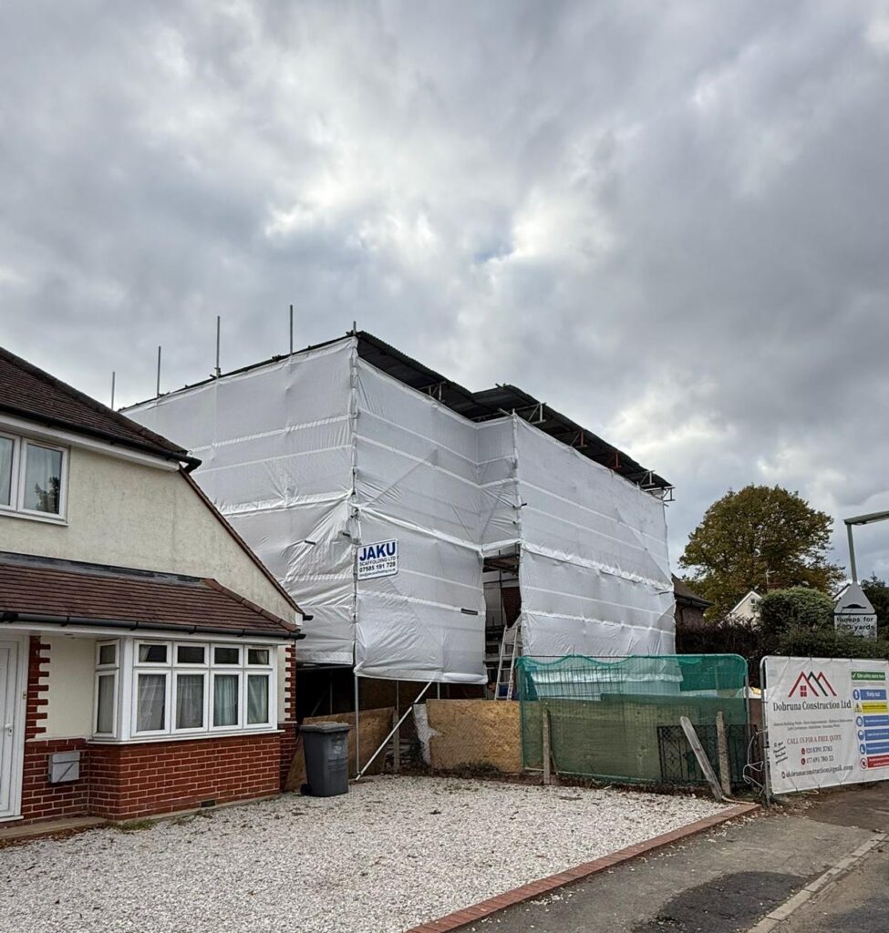 Fully sheeted scaffolding structure for a domestic loft conversion project by Jaku Scaffolding in London.