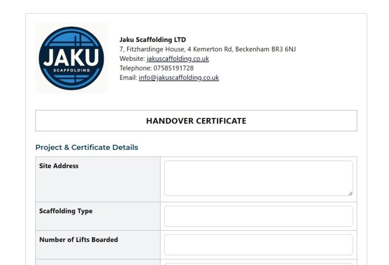 Jaku Scaffolding handover certificate template showing company logo, contact details, and project fields such as site address, scaffolding type, number of lifts, certificate number, loadings, and compliance options.